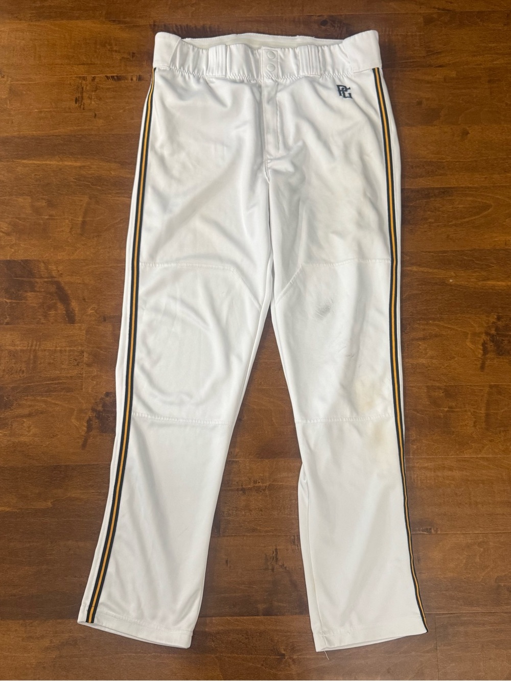 Men’s large white PG baseball pants with black & gold piping